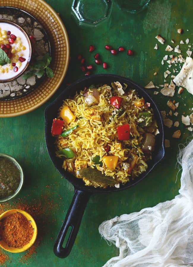 Achari Paneer Tawa Pulao is one of the simplest recipes I have tried with the achaar masala (pickle spice mix). Find recipe
