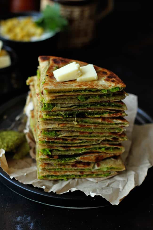 Matar Ka Paratha is a vegan and vegetarian green peas stuffed Indian flatbread.