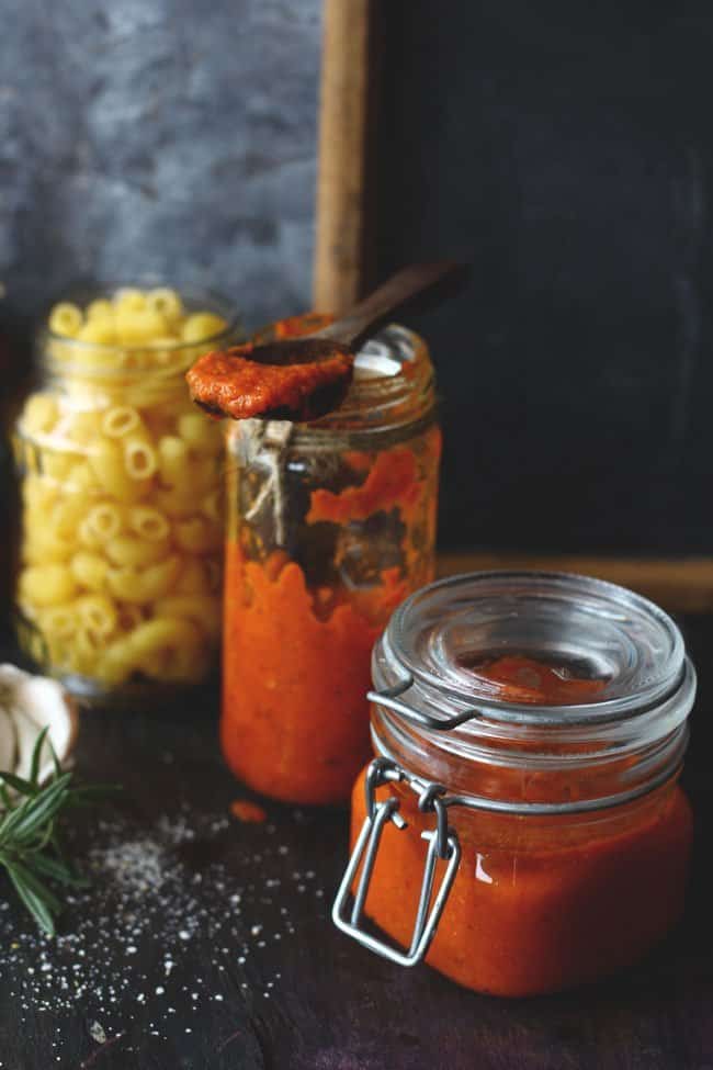 side shot of tomato sauce in bottles