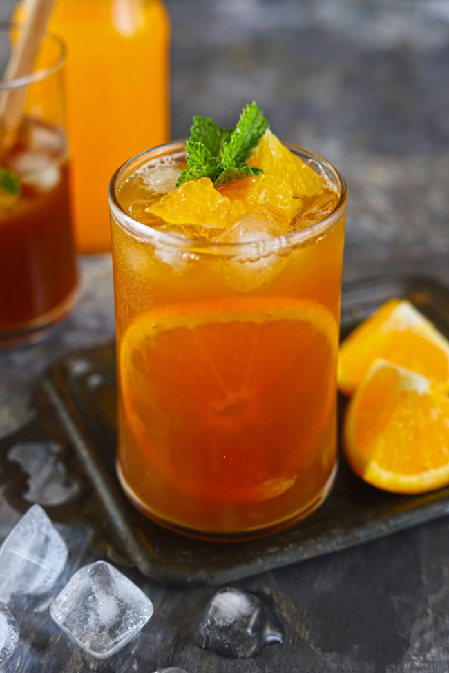 A home brewed iced tea with orange flavor