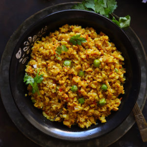 Aerial shot of Vegetarian Keema Curry in a black serving bowl