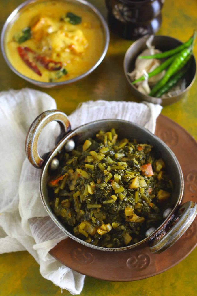 aerial shot of mooli ka saag in a kadhai