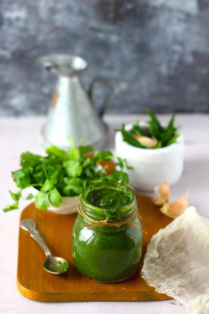 Mint Chutney in a glass bottle