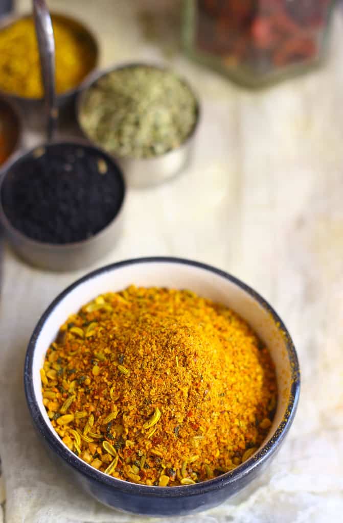 aerial side shot of pickle masala in a ceramic bowl