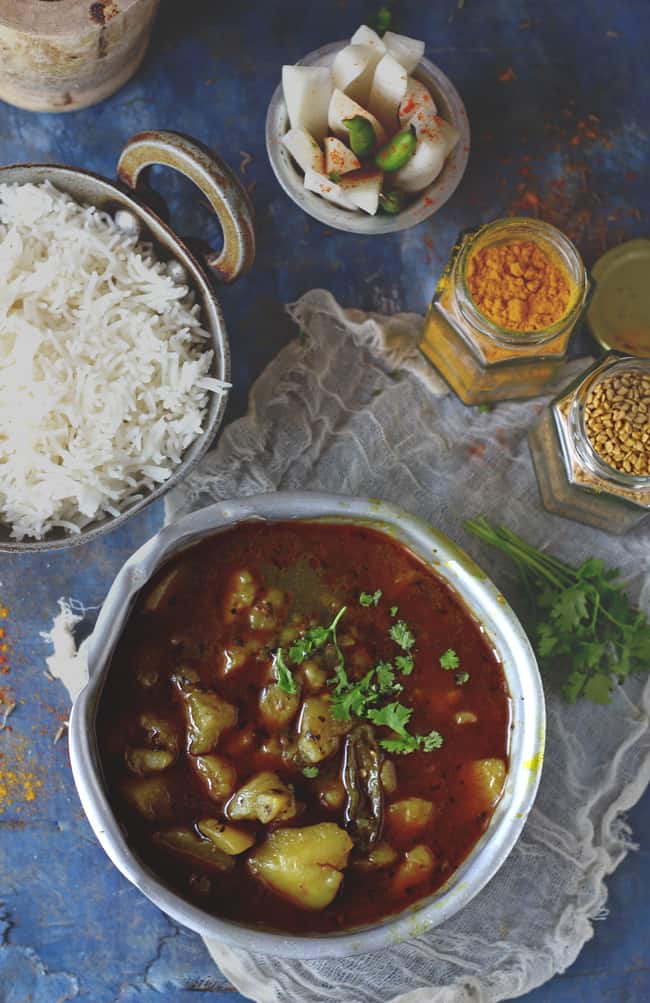 Pahadi Aloo Paani is a no onion/garlic stew prepared with only potato and plenty of water. So simple to prepare and full of flavors.