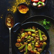 aerial shot of karonde ki sabzi in a cast iron kadhai