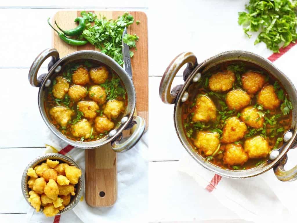 Pakodi Ki Sabzi is a delicious gluten-free, vegan yellow moong dal dumpling curry sans any onion or garlic. Super flavorsome and so simple to prepare. 