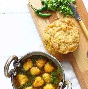 Pakodi Ki Sabzi is a delicious gluten-free, vegan yellow moong dal dumpling curry sans any onion or garlic. Super flavorsome and so simple to prepare.