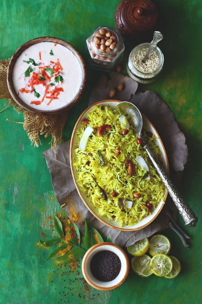 aerial shot of lemon rice on an oval serving platter