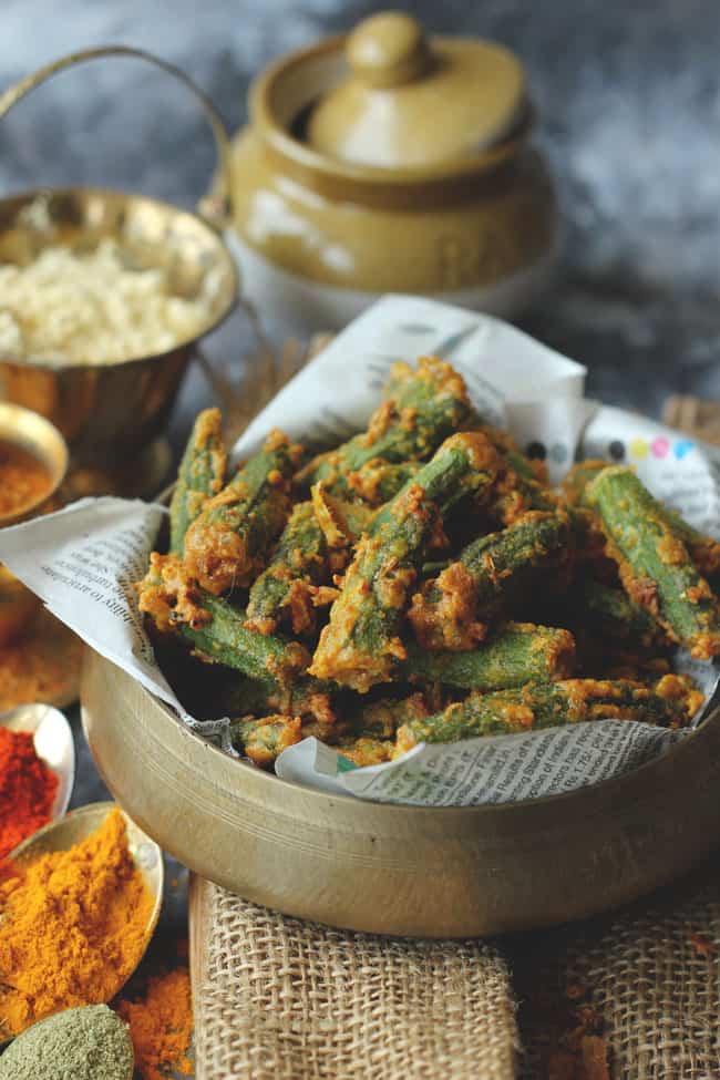 Indian Style Crispy Fried Okra In A Brass Bowl