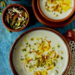 aerial shot of paneer kheer in a ceramic serveware