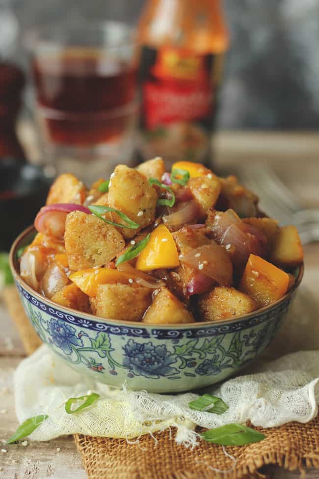 side close up shot of chilli idli in a bowl