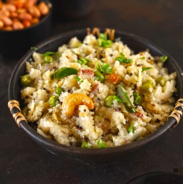 Rava Upma is a vegetarian South Indian breakfast porridge prepared with semolina and fresh vegetables.