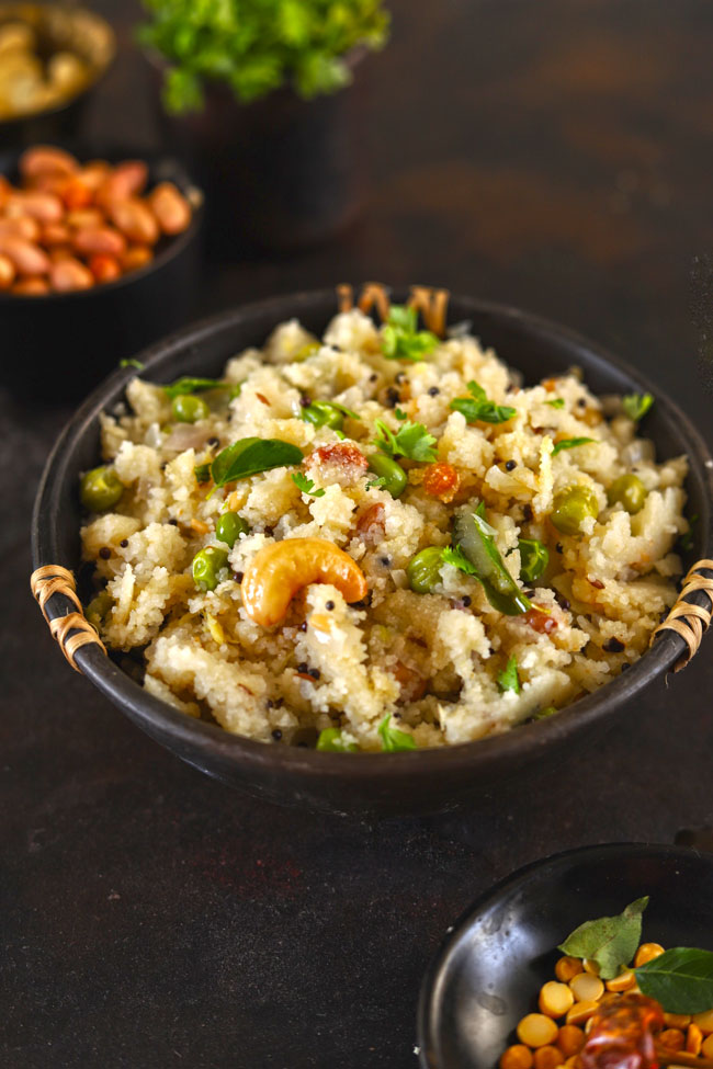 Rava Upma is a vegetarian South Indian breakfast porridge prepared with semolina and fresh vegetables.