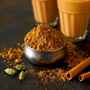 side shot of chai masala in a stainless steel bowl