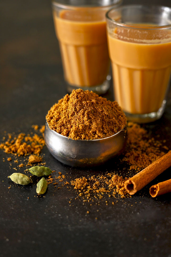 side shot of chai masala in a stainless steel bowl