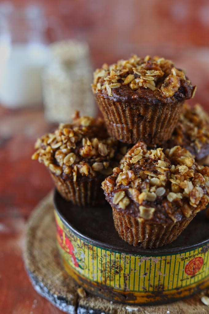 Stack of Apple Muffins With Crumbly Oats Streusel Topping