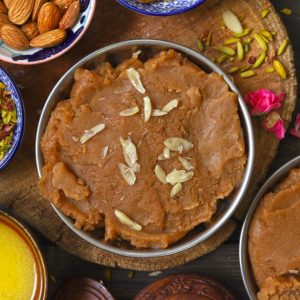 Indian Wheat Flour Halwa (Atta Halwa) Garnished With Sliced Almonds