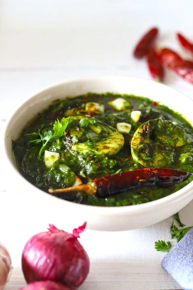 Spinach Egg Curry With Sliced Boiled Eggs On Top