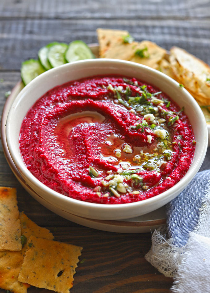 Beet Hummus With Chopped Cilantro, Feta Cheese, Walnuts