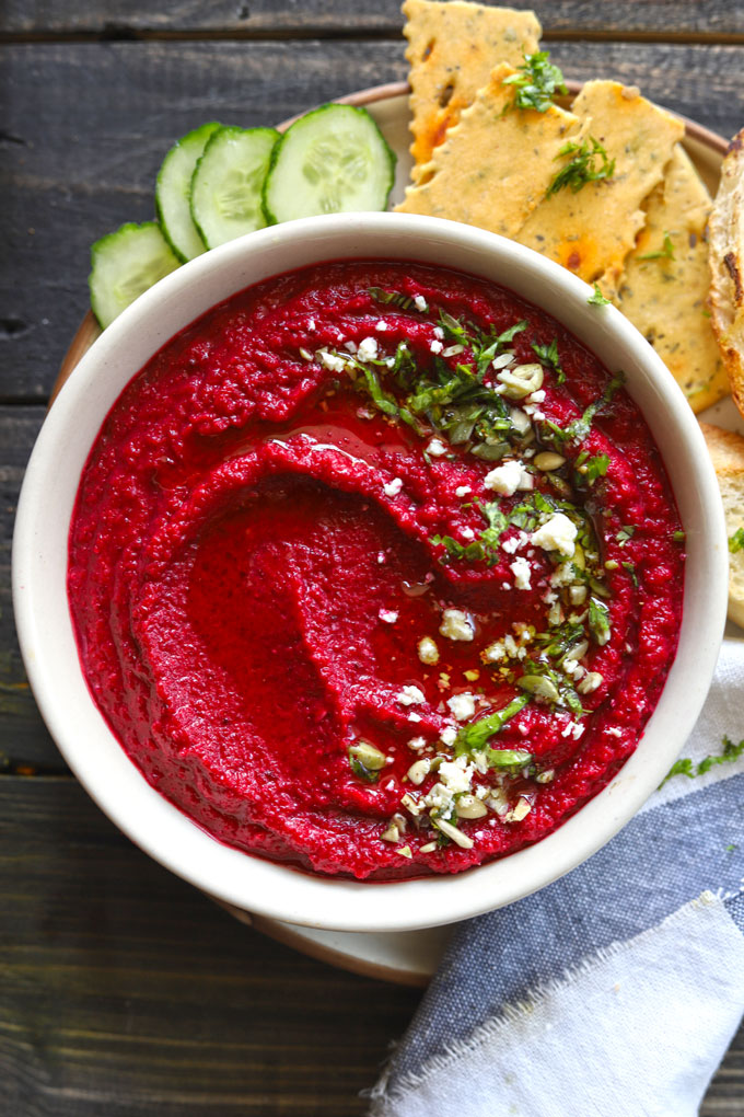 Beetroot Hummus With Chopped Cilantro, Feta Cheese, Walnuts