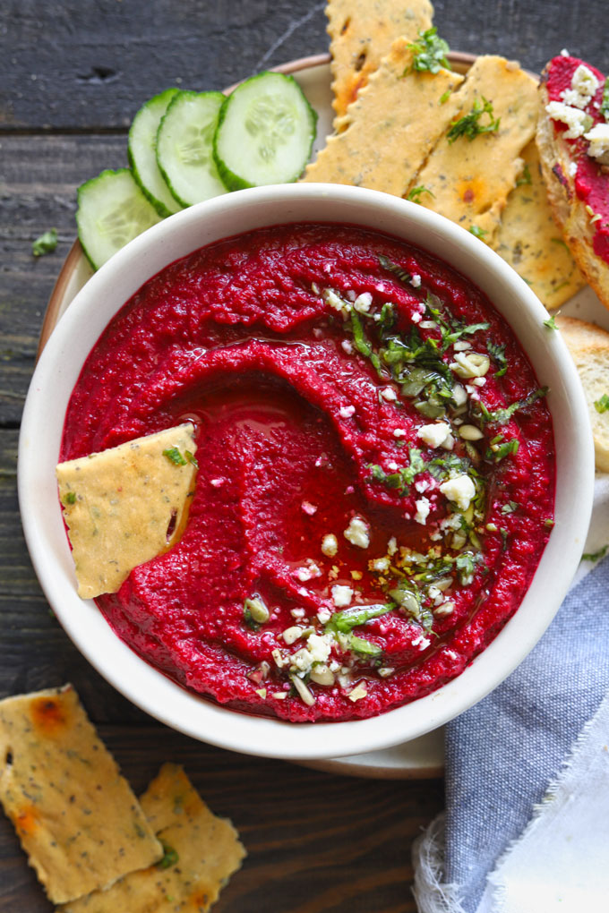 Beet Hummus With Chopped Cilantro, Feta Cheese, Walnuts