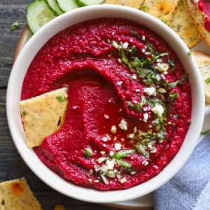 Beetroot Hummus With Chopped Cilantro, Feta Cheese, Walnuts