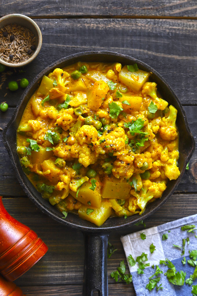 Creamy Indian Style Cauliflower Peas Curry In A Pan