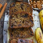 Aerial shot of eggless banana bread slices on a parchment paper