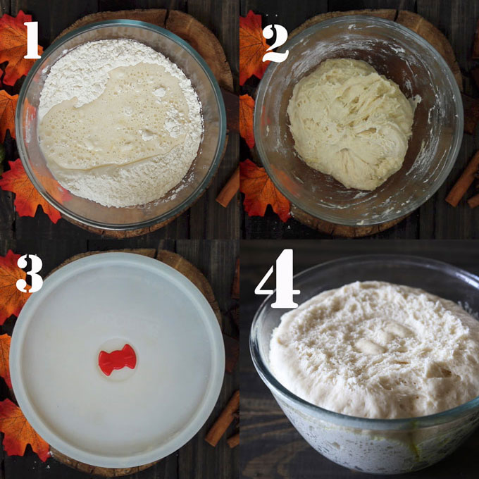Four step process of preparing the dough in a glass bowl.