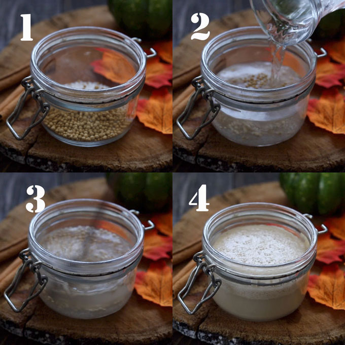 Four step process of activating the yeast in a glass jar