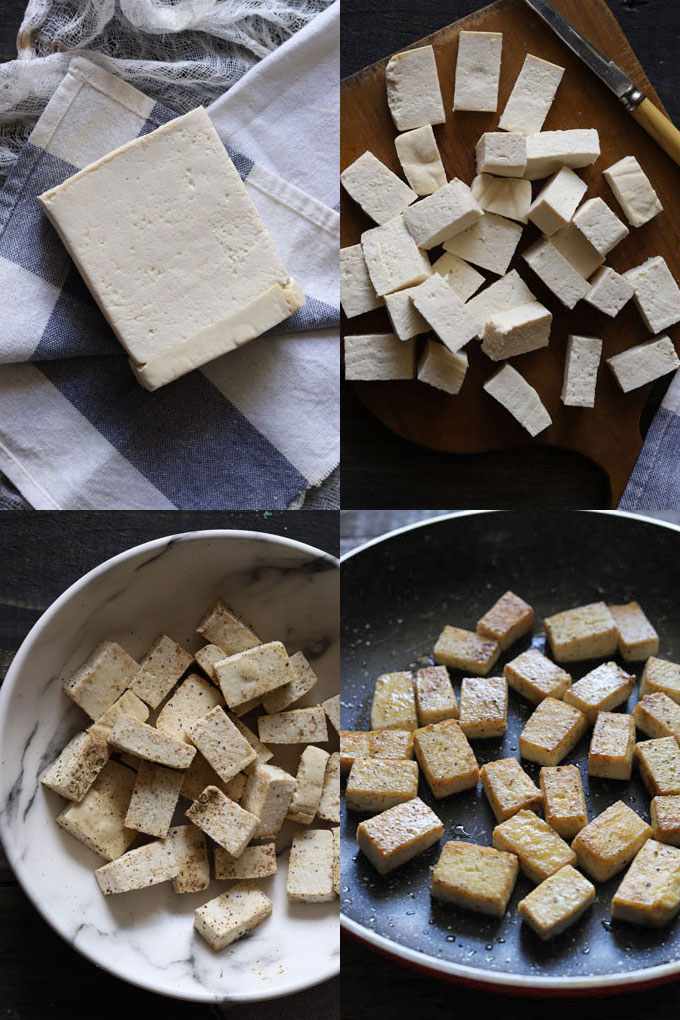 A collage of 4 pictures of the tofu cooking process: pressing, cutting, seasoning and cooking.