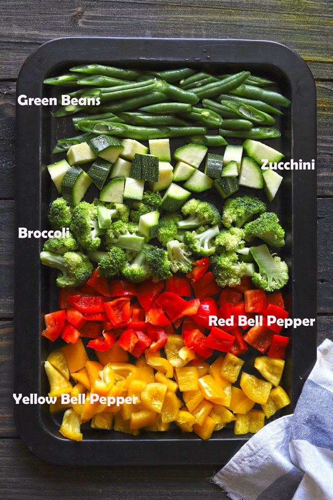 A pan of the vegetables used in this dish: green beans, zucchini, broccoli, red bell pepper and yellow bell pepper