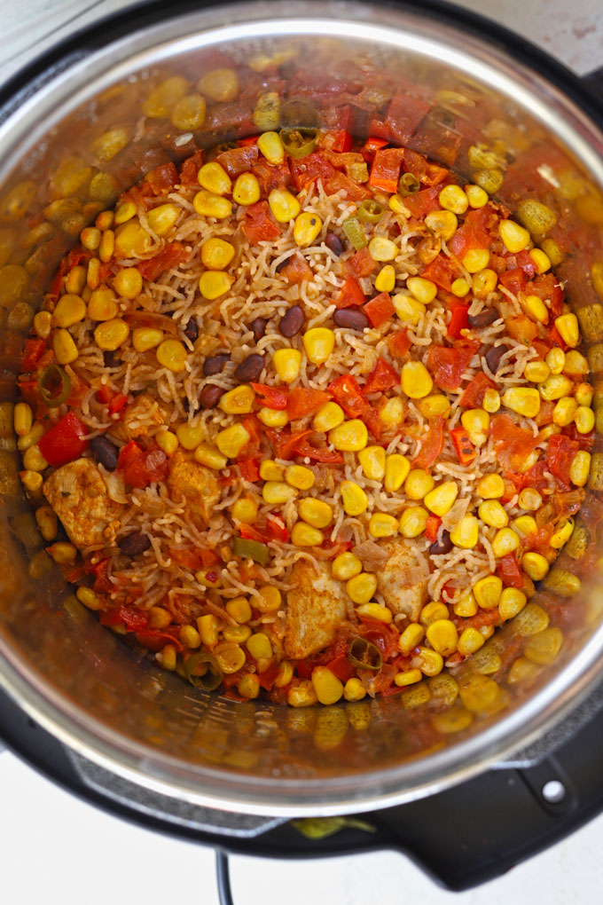 aerial shot of burrito bowl ingredients finished cooking in the instant pot