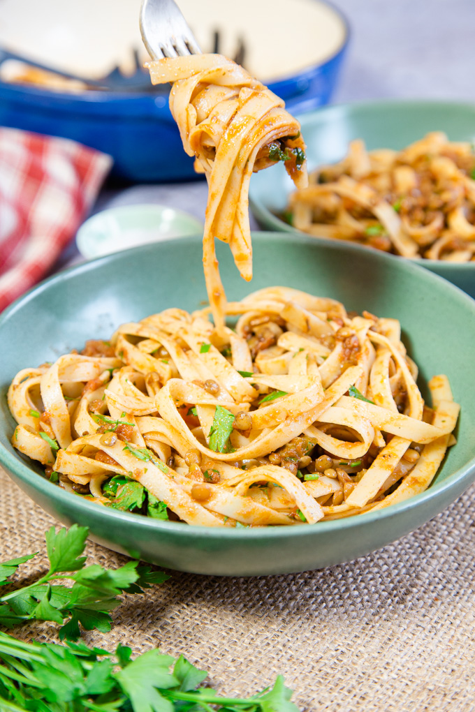 Lentil Ragu Bolognese in a bowl.