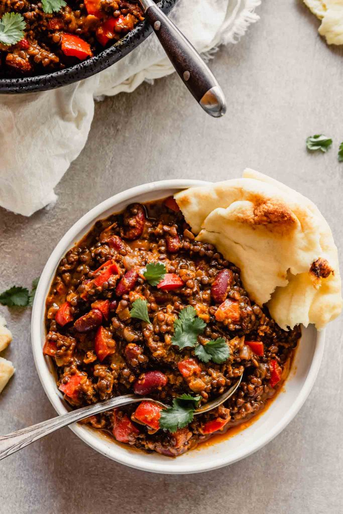 Madras Lentils in a white serving bowl