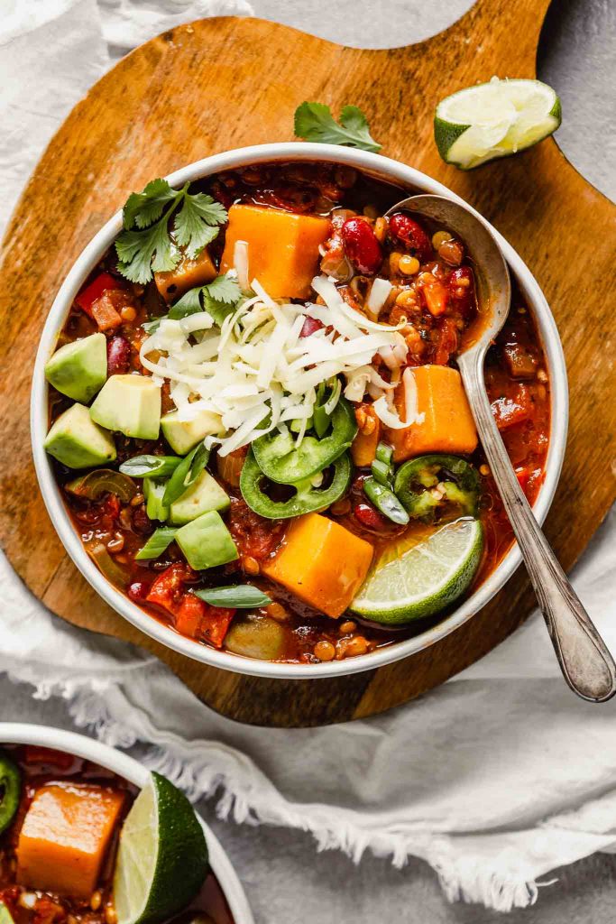 Vegetarian Lentil Chilli in a white serving bowl