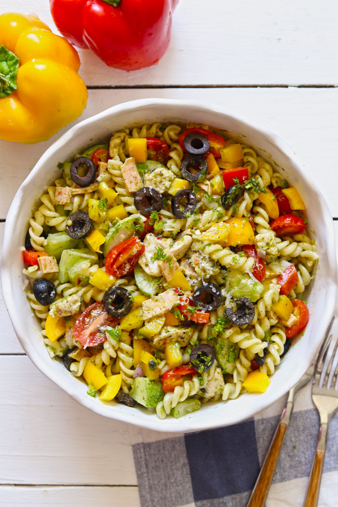 aerial shot of chicken pasta salad with a herb dressing