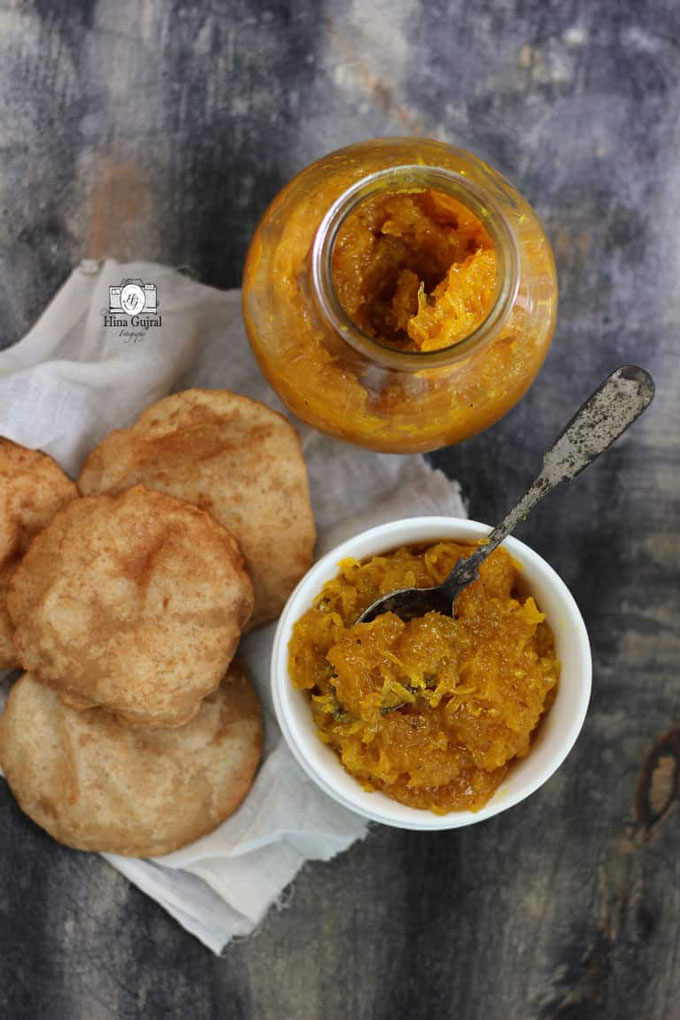 Aerial shot of aam chunda with poori.