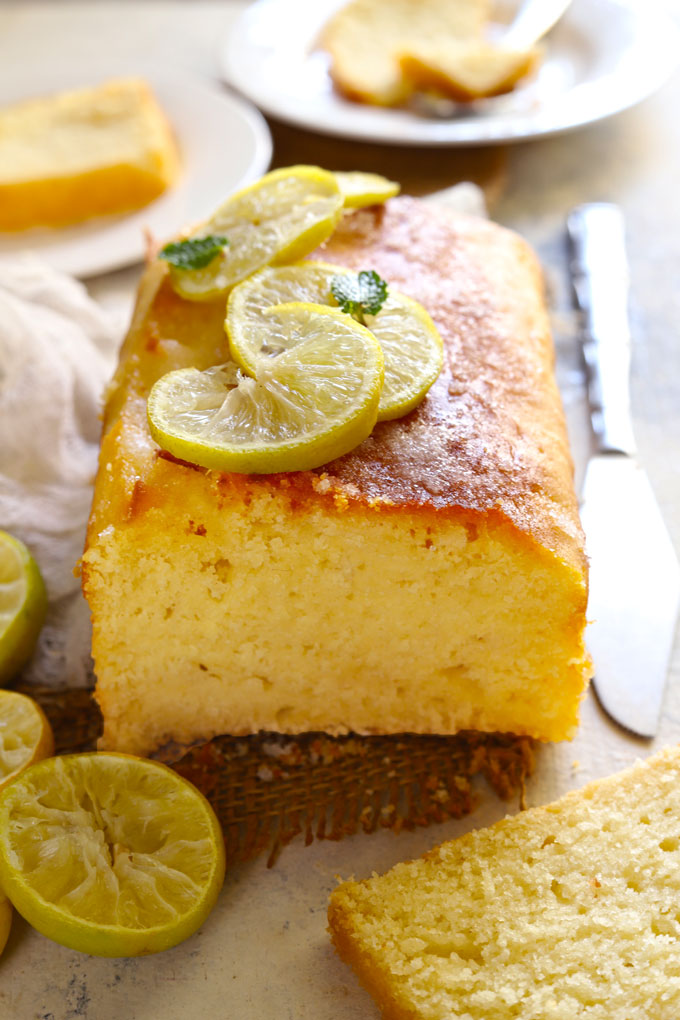 Side shot of sliced pound cake loaf