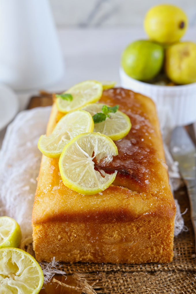 Side shot of lemon pound cake loaf.