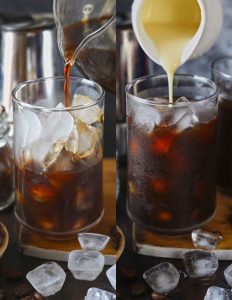 Collage of pouring Vietnamese style iced coffee