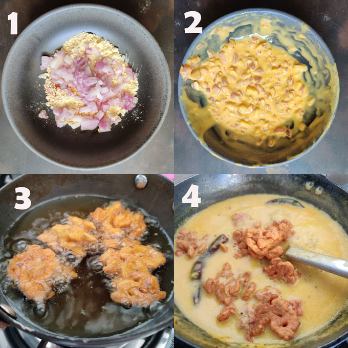 Collage of pakora making steps for Punjabi Kadhi