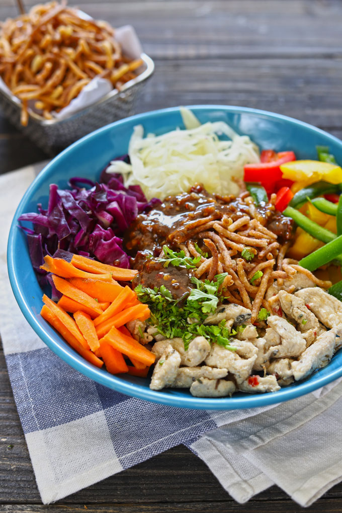 side shot of Chinese chicken salad with peanut butter dressing