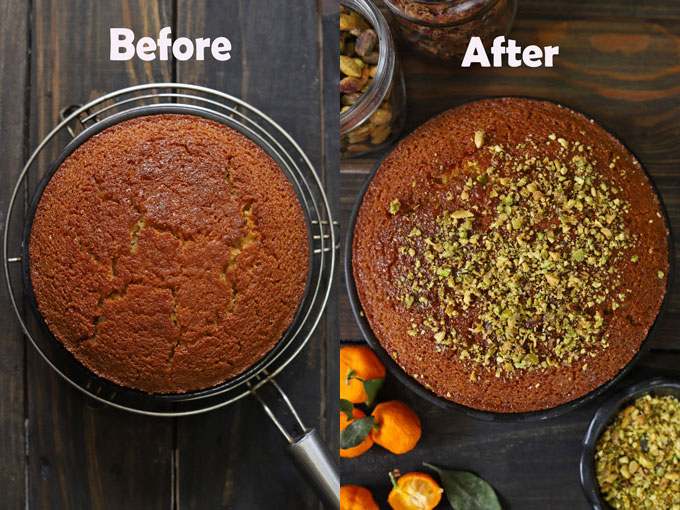 Collage of semolina cake before and after glazing with lemon syrup.