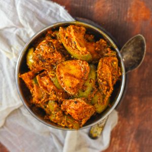 aerial shot of Indian mango pickle in a steel bowl