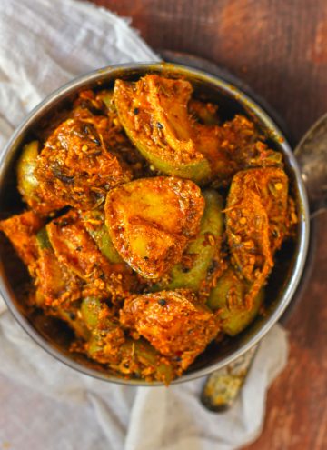 aerial shot of Indian mango pickle in a steel bowl