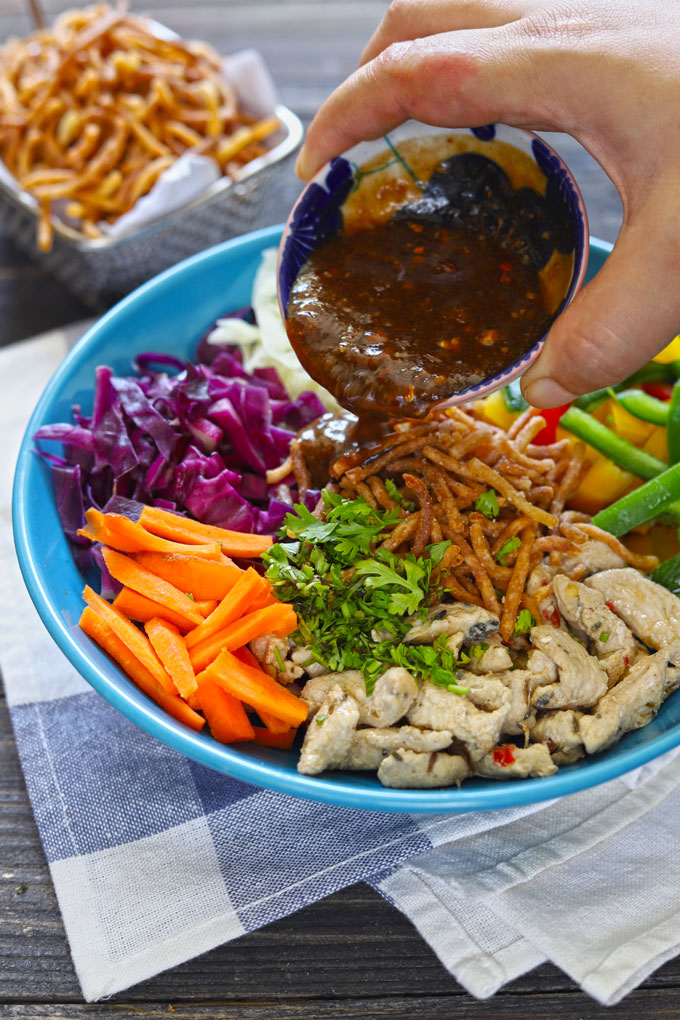 side shot of Chinese chicken salad with peanut butter dressing