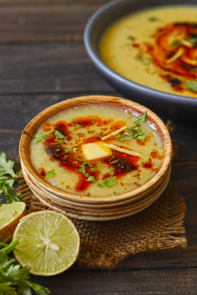 side shot of moradabadi moong dal in a bowl