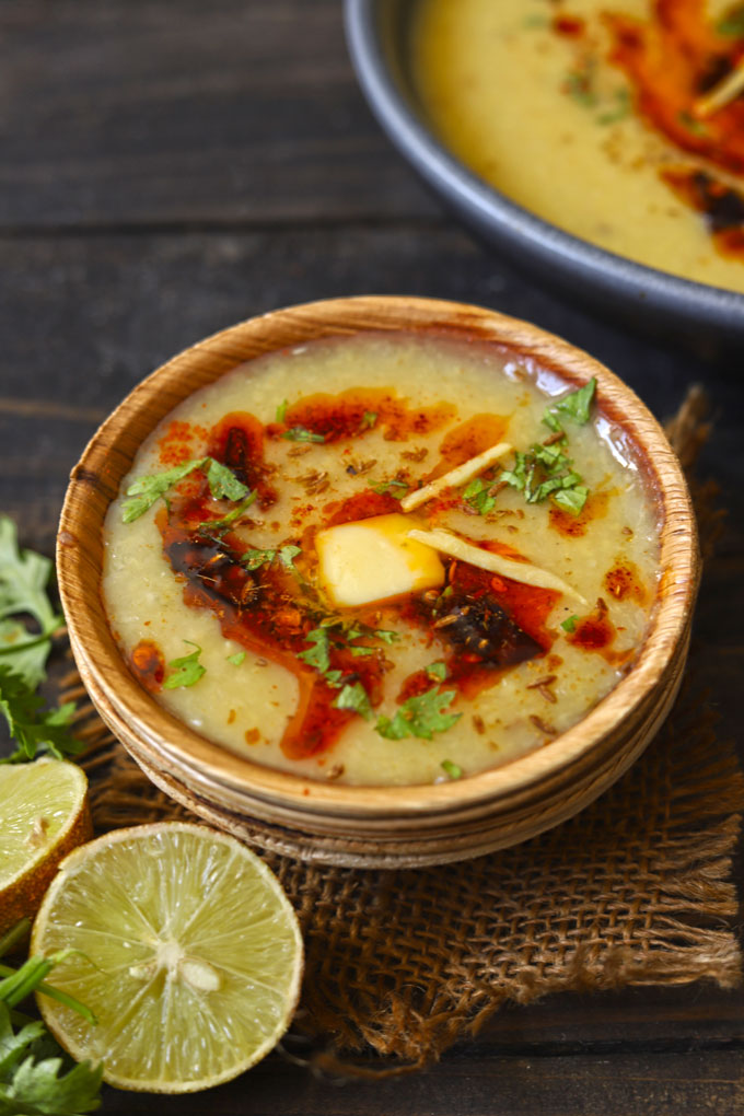 side shot of moradabadi moong dal in a bowl